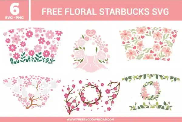 six free svg files featuring Floral Starbucks Venti cup wraps and wreaths, including pink cherry blossom branches with white birds, vibrant rose frames with wedding dress silhouettes, and delicate peach floral patterns perfect for custom spring-themed tumblers.
