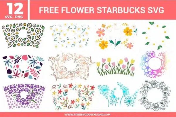 12 free svg files for Flower Starbucks 24 oz cold cup wraps, featuring vibrant tulips, purple violets, elegant lily line art, teal dandelions, and colorful daisy patterns perfect for seasonal DIY cold cup projects.