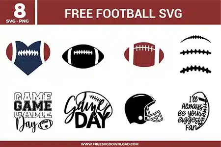 Collection of 8 football free svg files featuring sports graphics like a navy blue and brown football heart, classic textured football silhouettes, and individual lace vectors. The set includes game day typography layouts, a detailed football helmet profile, and the heartwarming quote "I'll Always Be Your Biggest Fan" formatted with clear vector cut paths for Cricut machines.