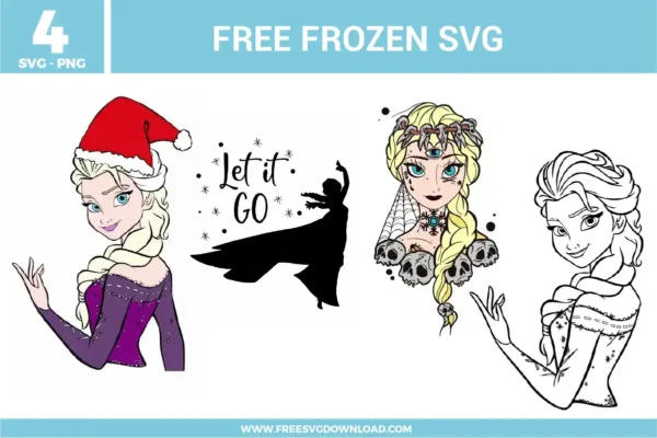 Free Frozen SVG designs showing Elsa character illustrations, Let It Go silhouette artwork, and detailed Frozen themed line art