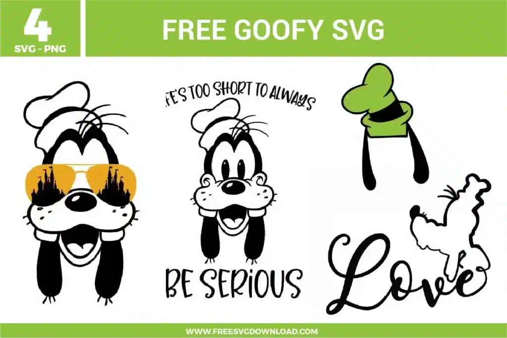 Free Goofy SVG designs showing Goofy character faces with playful expressions, sunglasses details, and humorous quote style graphics.