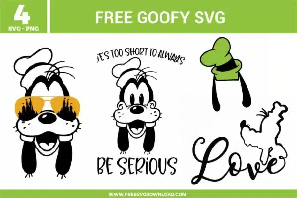 Free Goofy SVG designs showing Goofy character faces with playful expressions, sunglasses details, and humorous quote style graphics.