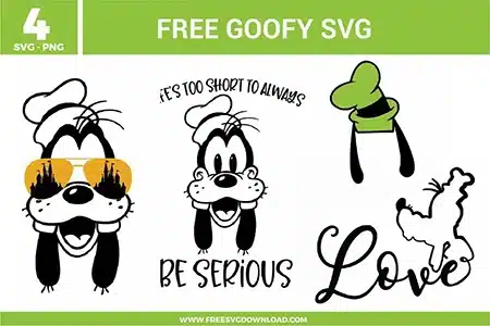 Free Goofy SVG designs showing Goofy character faces with playful expressions, sunglasses details, and humorous quote style graphics.