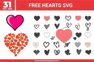 Heart SVG collection showing a wide variety of heart shapes including filled hearts, outline hearts, doodle hearts, stitched styles, layered hearts, clustered mini hearts, and textured heart designs in black, red, and pink.