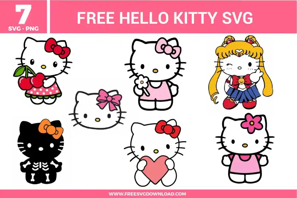 Hello Kitty SVG bundle featuring Sailor Moon cosplay, Halloween skeleton, cherry outfit, Valentine heart design, floral Hello Kitty, bow variations, and classic character poses for Cricut and Silhouette projects across many themes