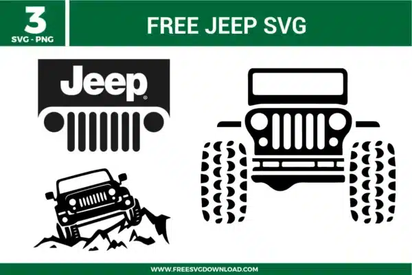 hree monochrome off-road vehicle designs from the Jeep Free SVG bundle, including the iconic grill logo and a 4x4 climbing rocks, available as free svg files for automotive-themed crafts.
