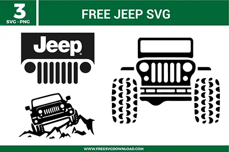 hree monochrome off-road vehicle designs from the Jeep Free SVG bundle, including the iconic grill logo and a 4x4 climbing rocks, available as free svg files for automotive-themed crafts.
