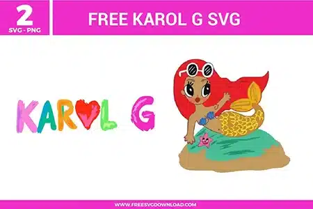 Two free svg files showcasing vibrant vector designs inspired by artist Karol G's Mañana Será Bonito album aesthetic. The left graphic features a colorful brushstroke watercolor-style typography design reading "KAROL G" with a textured red heart replacing the letter O. The right graphic is a cute cartoon chibi mermaid illustration with flowing long bright red hair, white-framed sunglasses, a blue seashell top, and a detailed golden yellow mermaid tail sitting on a small island patch in teal water next to a pink smiling starfish.