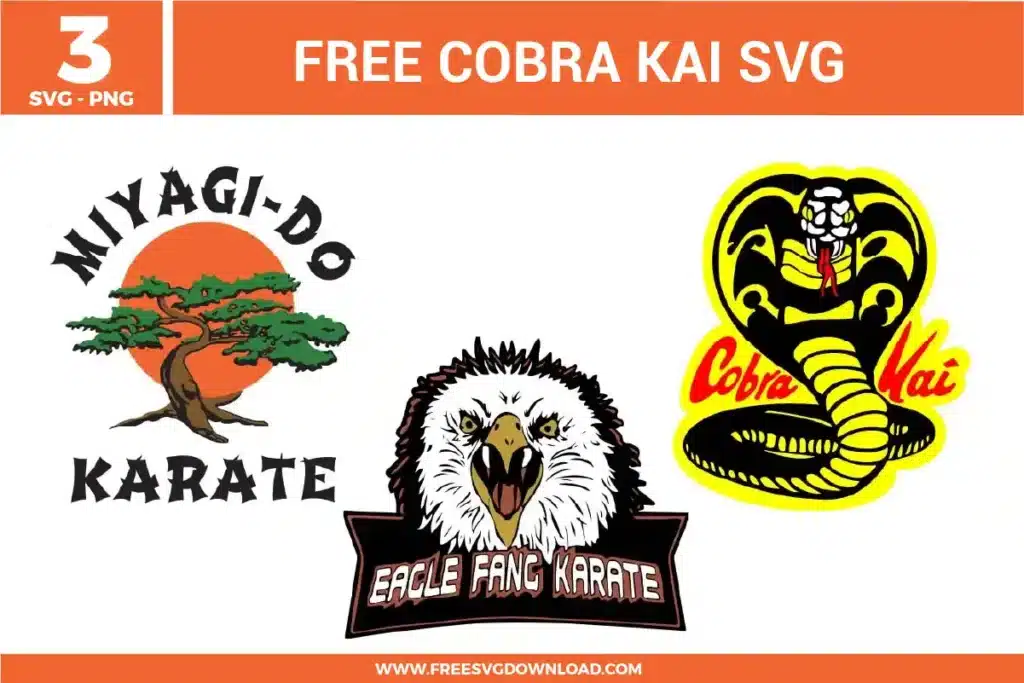 Alt Text: Cobra Kai SVG bundle featuring the Miyagi-Do Karate bonsai tree, Eagle Fang Karate logo, and the iconic yellow Cobra Kai strike-first emblem available as high-quality free svg files for martial arts apparel and dojo decor.