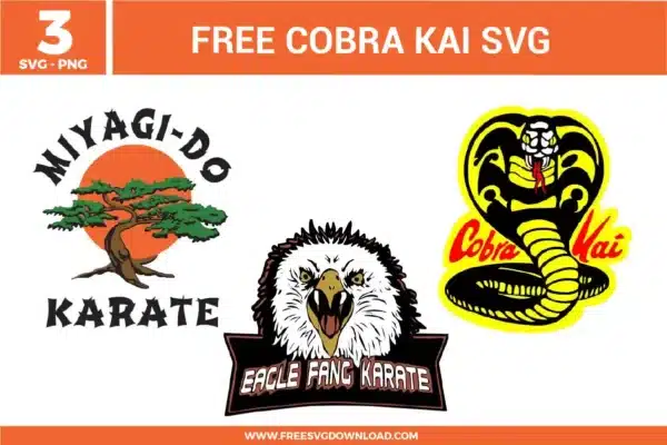 Alt Text: Cobra Kai SVG bundle featuring the Miyagi-Do Karate bonsai tree, Eagle Fang Karate logo, and the iconic yellow Cobra Kai strike-first emblem available as high-quality free svg files for martial arts apparel and dojo decor.