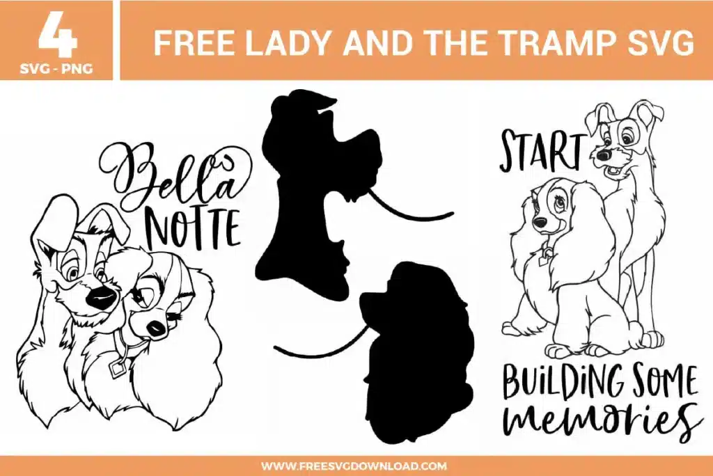 Free Lady and the Tramp SVG designs showing romantic character line art, classic dog silhouettes, and iconic quotes like Bella Notte