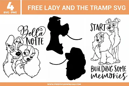 Free Lady and the Tramp SVG designs showing romantic character line art, classic dog silhouettes, and iconic quotes like Bella Notte