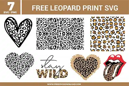 A bundle of 7 free svg files for leopard print and safari-themed designs featuring various wild animal patterns. The set includes three distinct heart shapes filled with leopard spots, two rectangular pattern blocks, a "Stay Wild" quote with leopard texture, and a stylized rolling stones-inspired tongue with animal print. These designs use a natural palette of tan, black, and gold with red accents, providing high-quality free svg files for trendy and bold fashion crafts.