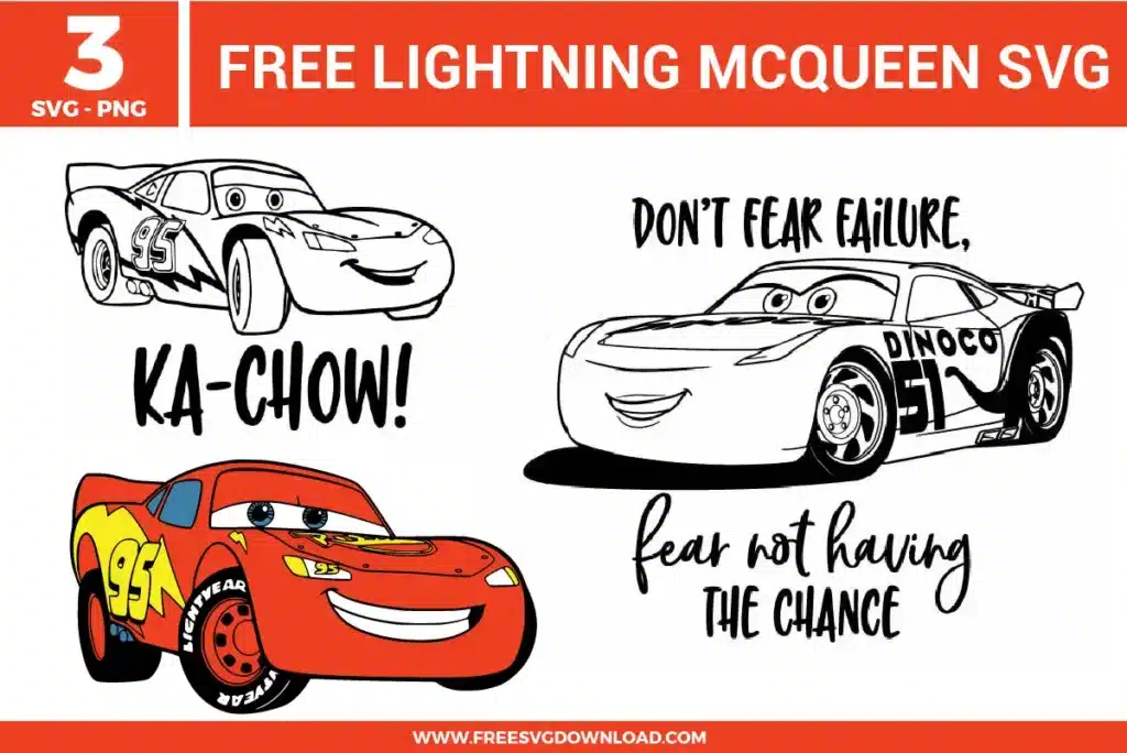 Free Lightning McQueen SVG designs showing Cars movie inspired Lightning McQueen illustrations, racing poses, motivational quote graphics, and bold car outlines