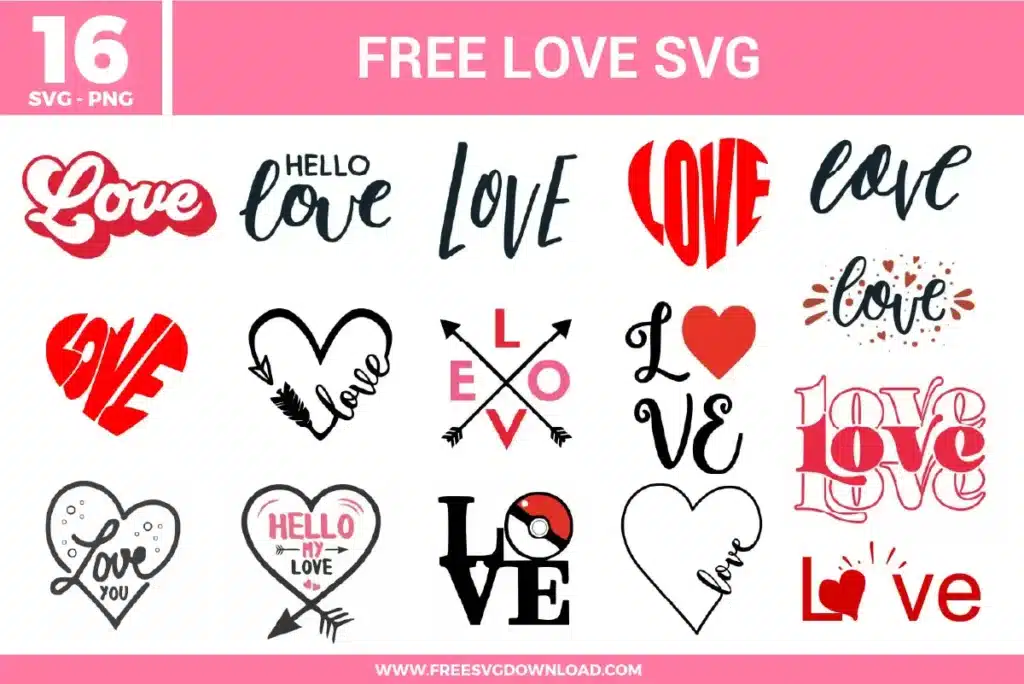 Love SVG bundle with hand drawn love lettering, heart icons, arrow hearts, layered heart shapes, script typography, modern and retro love styles, and red pink black color combinations.