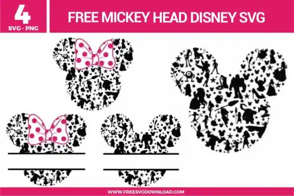 Free Mickey head Disney SVG designs showing Mickey silhouettes filled with classic Disney character shapes, star patterns, bow accents, and split style elements