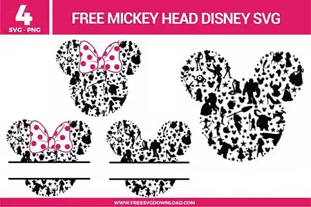 Free Mickey head Disney SVG designs showing Mickey silhouettes filled with classic Disney character shapes, star patterns, bow accents, and split style elements