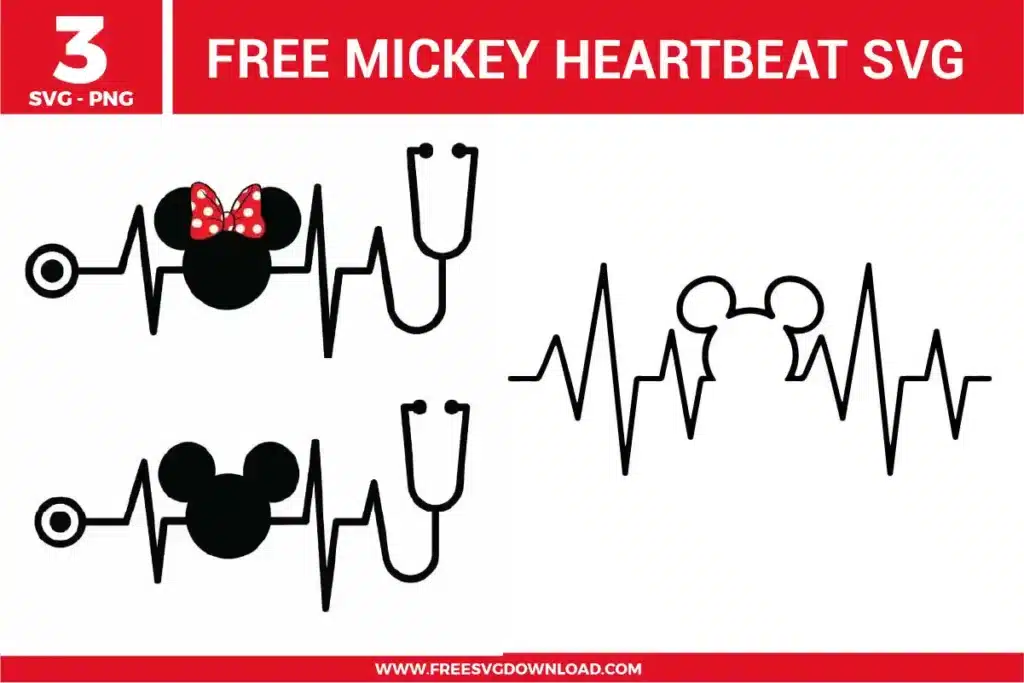 Free Mickey heartbeat SVG designs showing heartbeat line graphics with Mickey head silhouettes and stethoscope elements