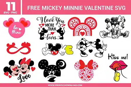 Valentine-themed Disney designs featuring Mickey and Minnie in love poses, heart-filled silhouettes, rainbow heart shapes, bows, kiss icons, and hand-drawn romantic illustrations in red, pink, black, and white.