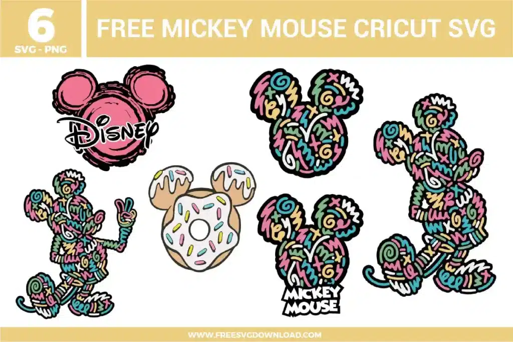 Free Mickey Mouse Cricut SVG designs showing colorful doodle style Mickey silhouettes, playful hand drawn patterns, donut themed elements, and artistic character poses