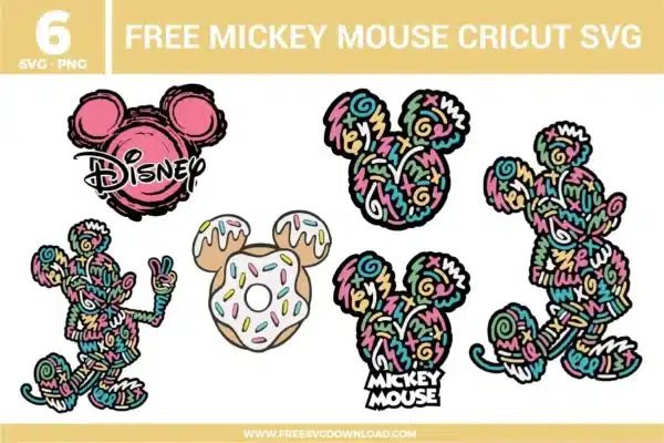 Free Mickey Mouse Cricut SVG designs showing colorful doodle style Mickey silhouettes, playful hand drawn patterns, donut themed elements, and artistic character poses