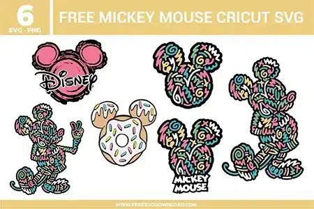 Free Mickey Mouse Cricut SVG designs showing colorful doodle style Mickey silhouettes, playful hand drawn patterns, donut themed elements, and artistic character poses