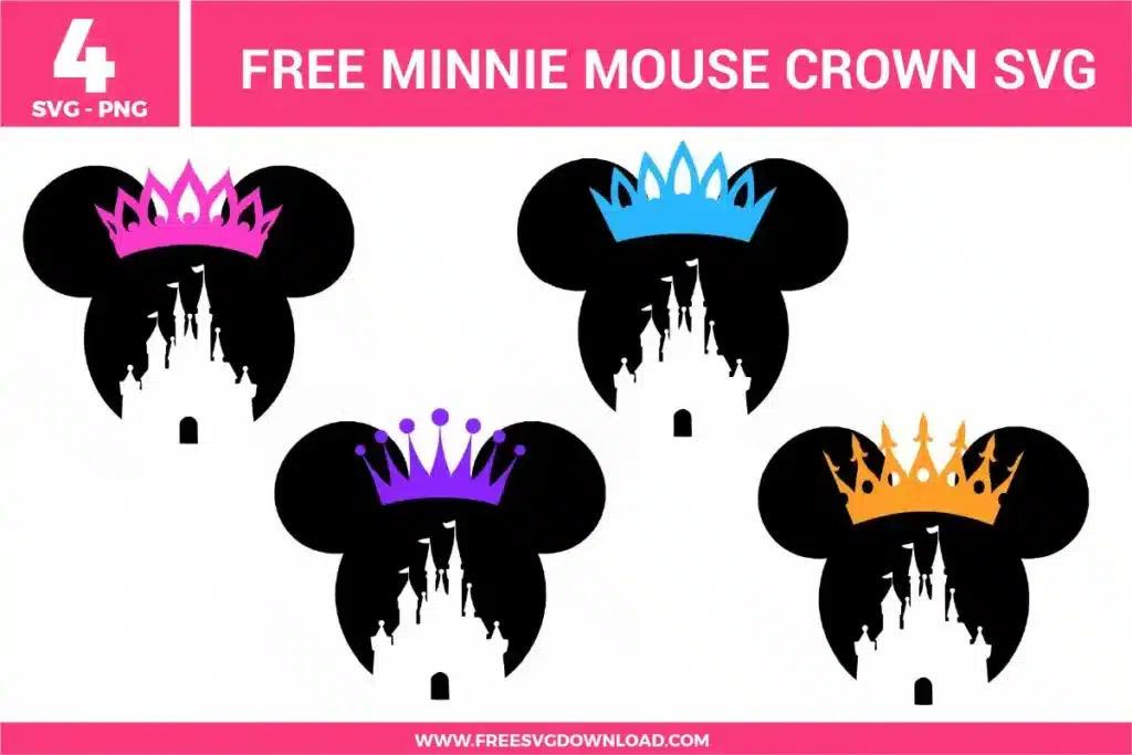 Free Minnie Mouse crown SVG designs showing Minnie head silhouettes with castle cutouts and colorful princess crowns