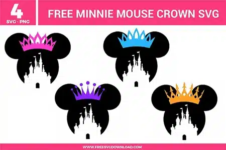 Free Minnie Mouse crown SVG designs showing Minnie head silhouettes with castle cutouts and colorful princess crowns