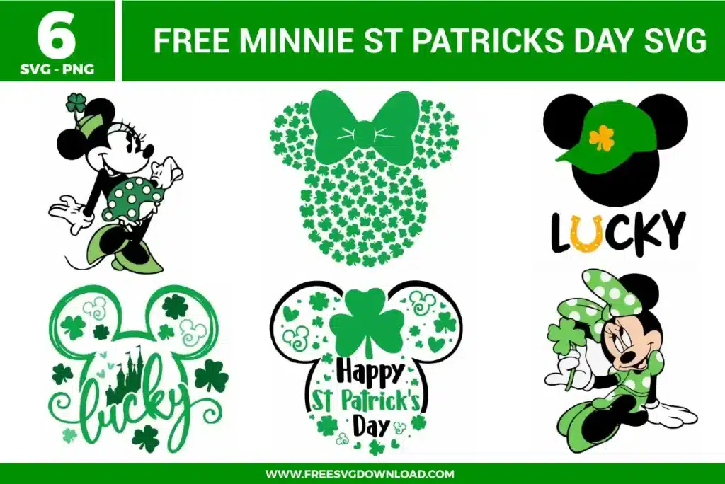 Free Minnie St Patrick’s Day SVG designs showing Minnie Mouse silhouettes with shamrocks, lucky themed text, green bows, and festive holiday details