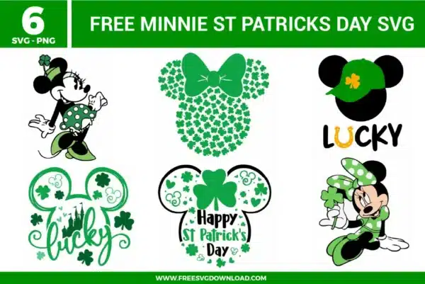 Free Minnie St Patrick’s Day SVG designs showing Minnie Mouse silhouettes with shamrocks, lucky themed text, green bows, and festive holiday details
