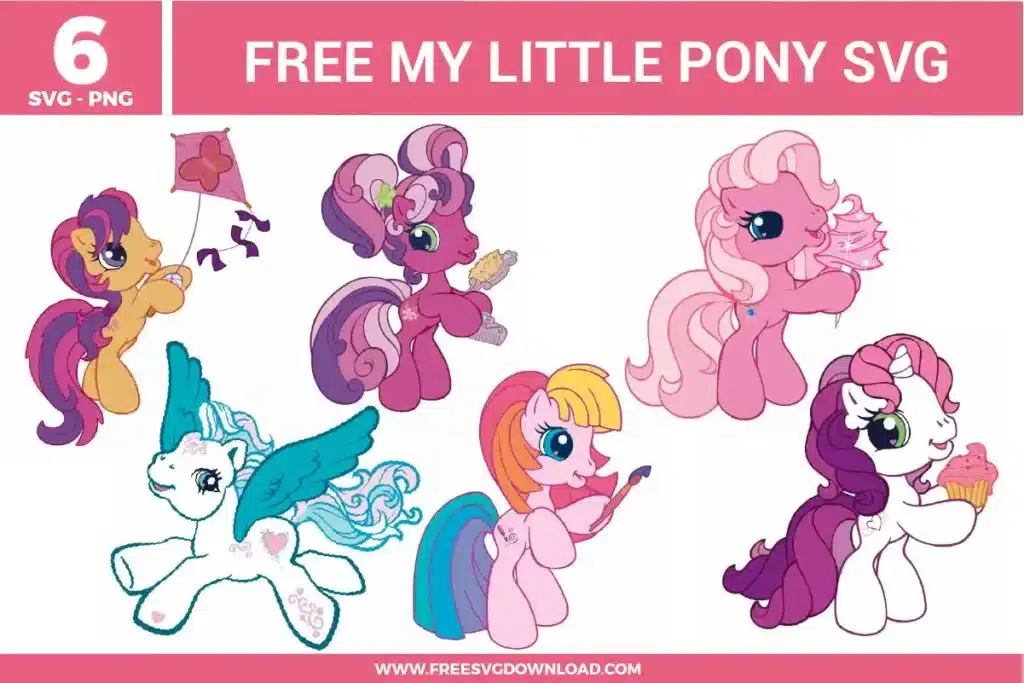 6 free my little pony svg files featuring various G3 pony characters including a pink pony with cotton candy, a purple pony with a brush, a white pegasus with teal wings, and a pony flying a kite, all designed for vibrant children's vinyl crafts.