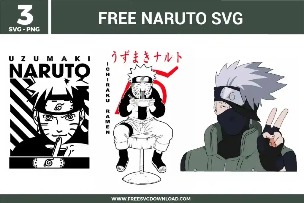 Naruto free svg files featuring a three-design bundle including a bold black and white Uzumaki Naruto portrait with ninja hand signs, Naruto eating Ichiraku Ramen with Japanese kanji text, and a Kakashi Hatake illustration making a peace sign, perfect for anime-themed vinyl and sublimation crafts.
