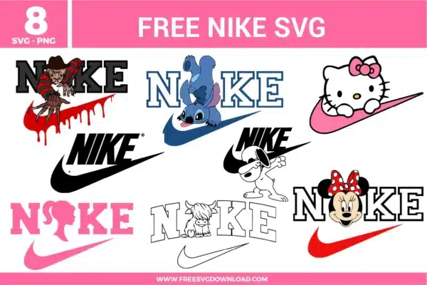 Creative mashups from the Nike Logo SVG bundle with Stitch, Hello Kitty, and Freddy Krueger as free svg files.