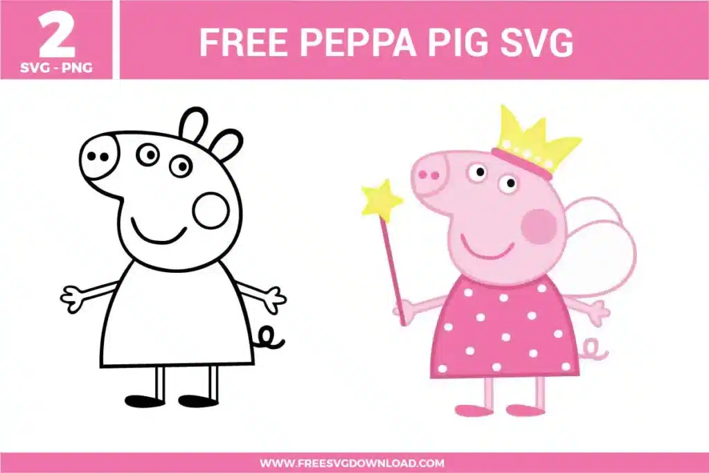 2 free peppa pig svg files featuring a clean black and white outline of Peppa and a colorful Fairy Peppa Pig illustration with a yellow crown, magic wand, and pink polka dot dress for children's vinyl crafts.