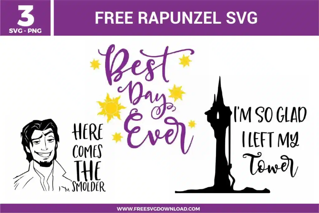 Free Rapunzel SVG designs showing Tangled inspired quotes, elegant script typography, Rapunzel tower silhouette, and character line art