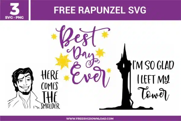 Free Rapunzel SVG designs showing Tangled inspired quotes, elegant script typography, Rapunzel tower silhouette, and character line art