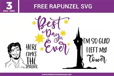 Free Rapunzel SVG designs showing Tangled inspired quotes, elegant script typography, Rapunzel tower silhouette, and character line art