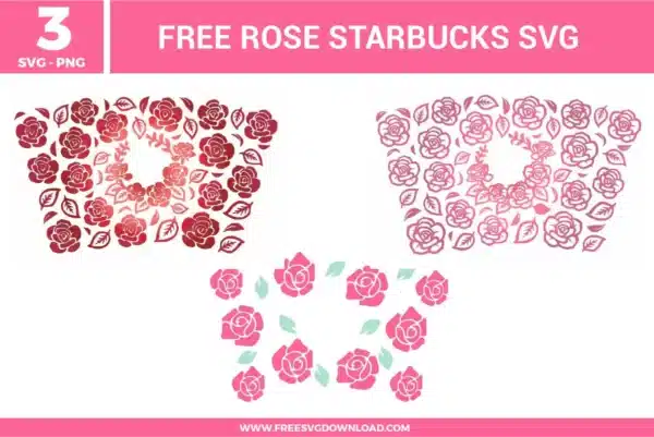 Three free svg files featuring Rose Starbucks 24 oz cold cup wraps in various styles, including a dense dark burgundy rose pattern, a soft pink floral wrap with delicate leaves, and a scattered pink rose design with light green foliage, perfect for customizing reusable cold cups.