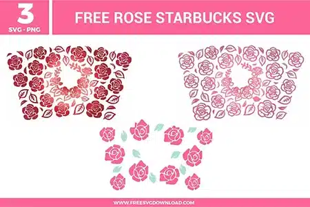 Three free svg files featuring Rose Starbucks 24 oz cold cup wraps in various styles, including a dense dark burgundy rose pattern, a soft pink floral wrap with delicate leaves, and a scattered pink rose design with light green foliage, perfect for customizing reusable cold cups.