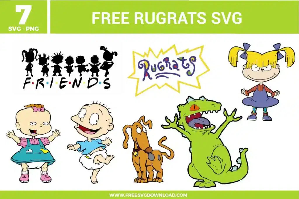 7 Rugrats free svg files featuring Tommy Pickles, Dil Pickles, Angelica Pickles, Reptar, and Spikes, along with the classic Rugrats logo and a "Friends" parody silhouette of the whole gang, perfect for 90s-themed vinyl apparel and nursery decor.