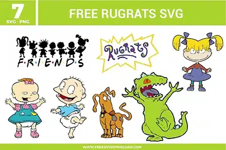 7 Rugrats free svg files featuring Tommy Pickles, Dil Pickles, Angelica Pickles, Reptar, and Spikes, along with the classic Rugrats logo and a "Friends" parody silhouette of the whole gang, perfect for 90s-themed vinyl apparel and nursery decor.