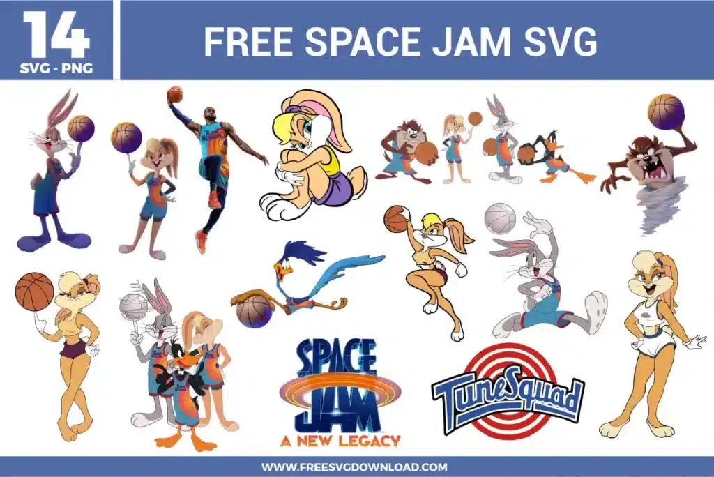 14 Space Jam free svg files featuring characters from A New Legacy including LeBron James, Bugs Bunny, Lola Bunny, Taz, Daffy Duck, and Road Runner in basketball poses, along with the Tune Squad and Space Jam logos, perfect for vibrant sports-themed sublimation and vinyl projects.