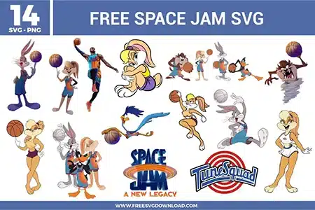 14 Space Jam free svg files featuring characters from A New Legacy including LeBron James, Bugs Bunny, Lola Bunny, Taz, Daffy Duck, and Road Runner in basketball poses, along with the Tune Squad and Space Jam logos, perfect for vibrant sports-themed sublimation and vinyl projects.