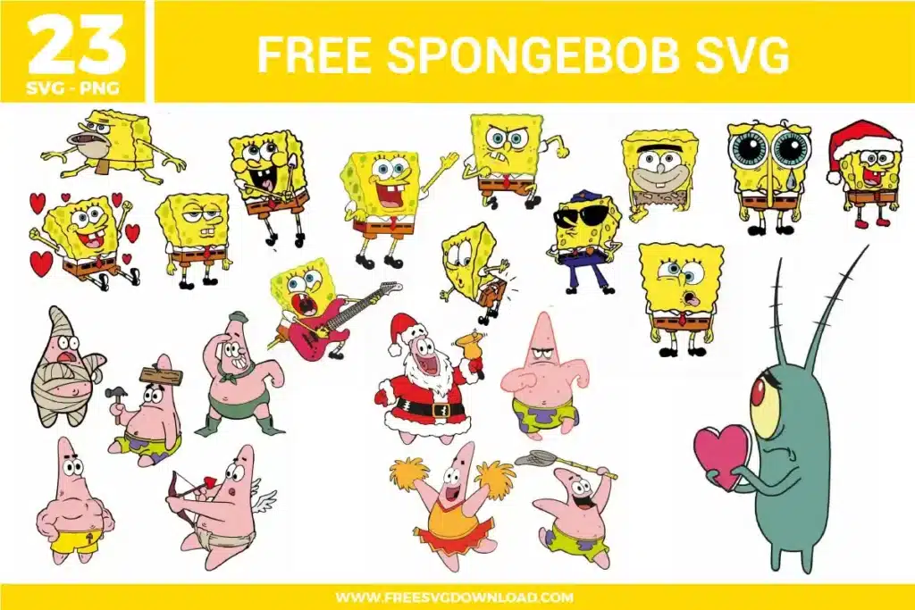 23 Spongebob free svg files featuring Spongebob Squarepants in various iconic poses including Caveman Spongebob, Spongebob with a guitar, and Santa Spongebob, alongside Patrick Star as a mummy, cheerleader, and cupid, plus Plankton holding a heart, perfect for vibrant kids' vinyl crafts and colorful sublimation.