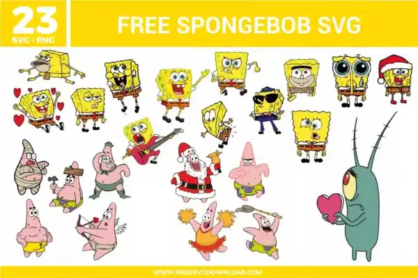 23 Spongebob free svg files featuring Spongebob Squarepants in various iconic poses including Caveman Spongebob, Spongebob with a guitar, and Santa Spongebob, alongside Patrick Star as a mummy, cheerleader, and cupid, plus Plankton holding a heart, perfect for vibrant kids' vinyl crafts and colorful sublimation.