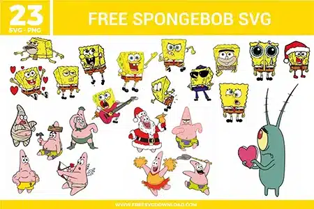 23 Spongebob free svg files featuring Spongebob Squarepants in various iconic poses including Caveman Spongebob, Spongebob with a guitar, and Santa Spongebob, alongside Patrick Star as a mummy, cheerleader, and cupid, plus Plankton holding a heart, perfect for vibrant kids' vinyl crafts and colorful sublimation.