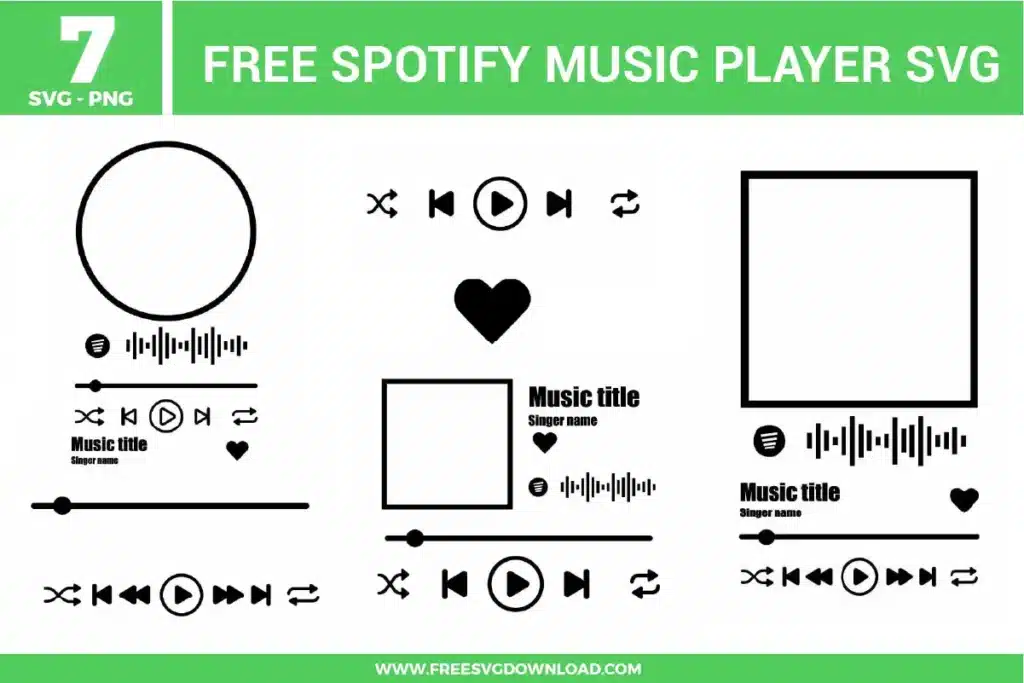 A collection of seven free svg files showcasing sleek minimalist Spotify music player user interface templates. The vector graphic elements include square and circular album artwork frames, scannable audio code soundwaves, track progress timeline sliders with scrubbers, and playback controls such as play, pause, shuffle, skip, and heart buttons rendered in clean solid black lines.
