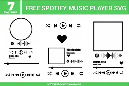A collection of seven free svg files showcasing sleek minimalist Spotify music player user interface templates. The vector graphic elements include square and circular album artwork frames, scannable audio code soundwaves, track progress timeline sliders with scrubbers, and playback controls such as play, pause, shuffle, skip, and heart buttons rendered in clean solid black lines.