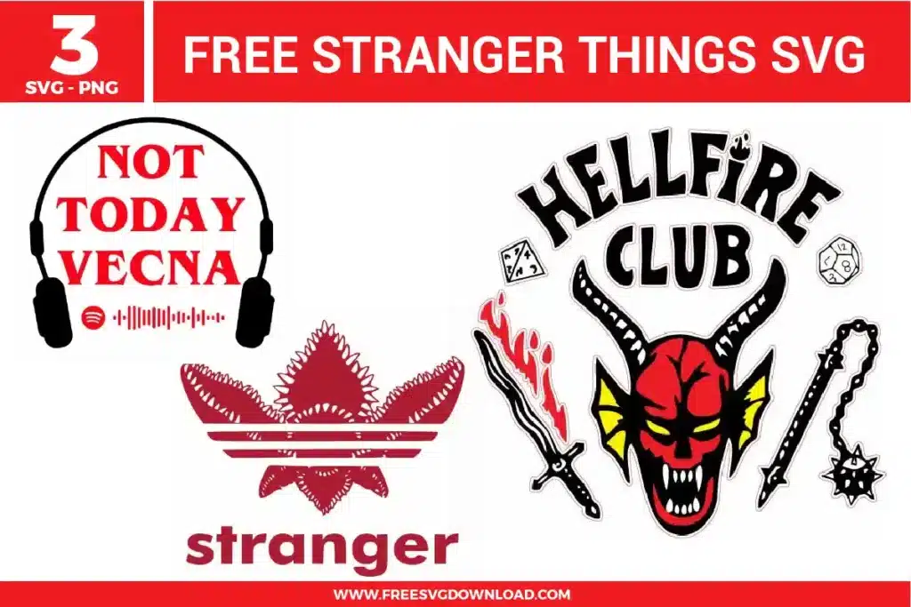 3 Stranger Things free svg files featuring the iconic Hellfire Club logo with d20 dice and weapons, a "Not Today Vecna" headset design with a music player interface, and a creative Demogorgon mashup with the Adidas "Stranger" logo, ideal for 80s-inspired vinyl apparel and gritty stickers.