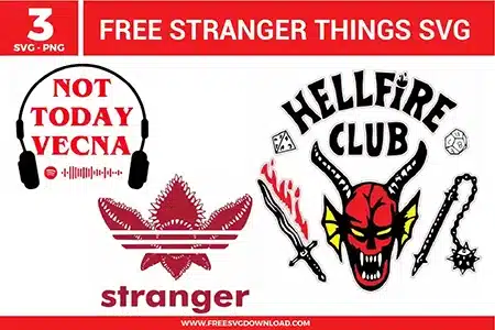 3 Stranger Things free svg files featuring the iconic Hellfire Club logo with d20 dice and weapons, a "Not Today Vecna" headset design with a music player interface, and a creative Demogorgon mashup with the Adidas "Stranger" logo, ideal for 80s-inspired vinyl apparel and gritty stickers.